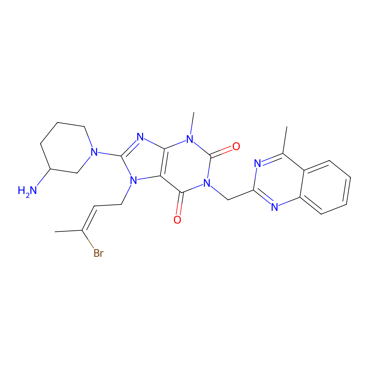 (R,E)-8-(3-aminopiperidin-1-yl)-7-(3-bromobut-2-en-1-yl)-3-methyl-1-((4-methylquinazolin-2-yl)methyl)-1H-purine-2,6(3H,7H)-dione molecular structure, CAS 1446263-39-3
