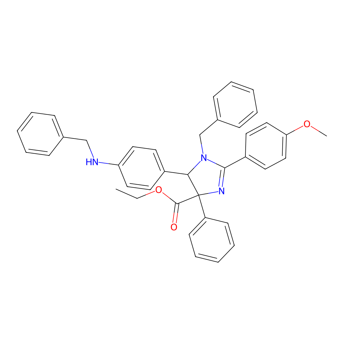 rel-Ethyl (4R,5R)-1-benzyl-5-(4-(benzylamino)phenyl)-2-(4-methoxyphenyl)-4-phenyl-4,5-dihydro-1H-imidazole-4-carboxylate molecular structure, CAS 1446350-60-2