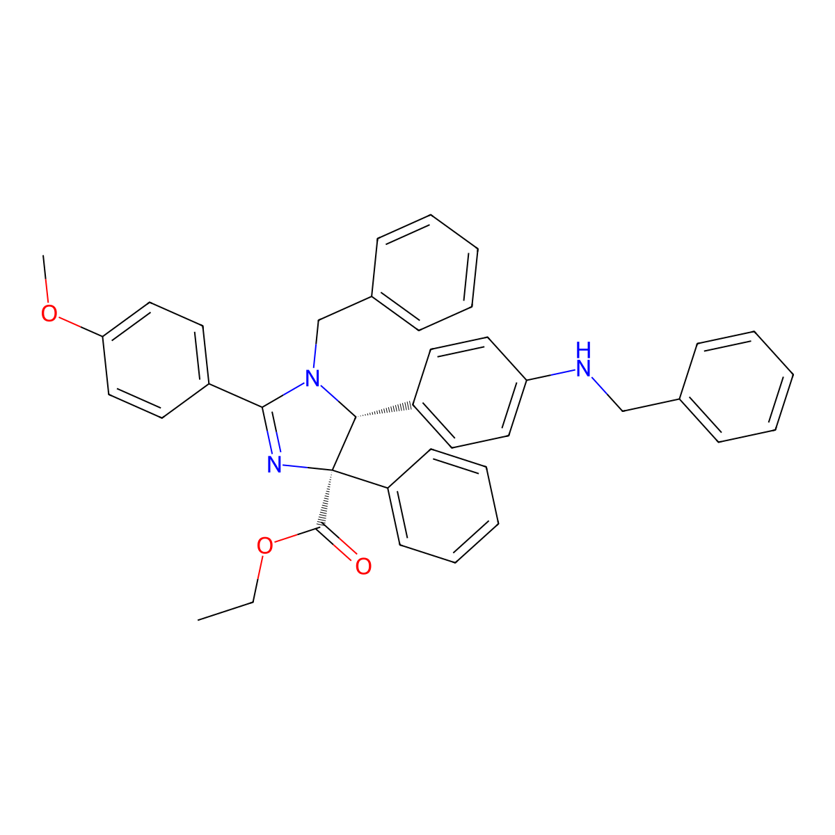 rel-Ethyl (4R,5R)-1-benzyl-5-(4-(benzylamino)phenyl)-2-(4-methoxyphenyl)-4-phenyl-4,5-dihydro-1H-imidazole-4-carboxylate molecular structure, CAS 1446350-60-2