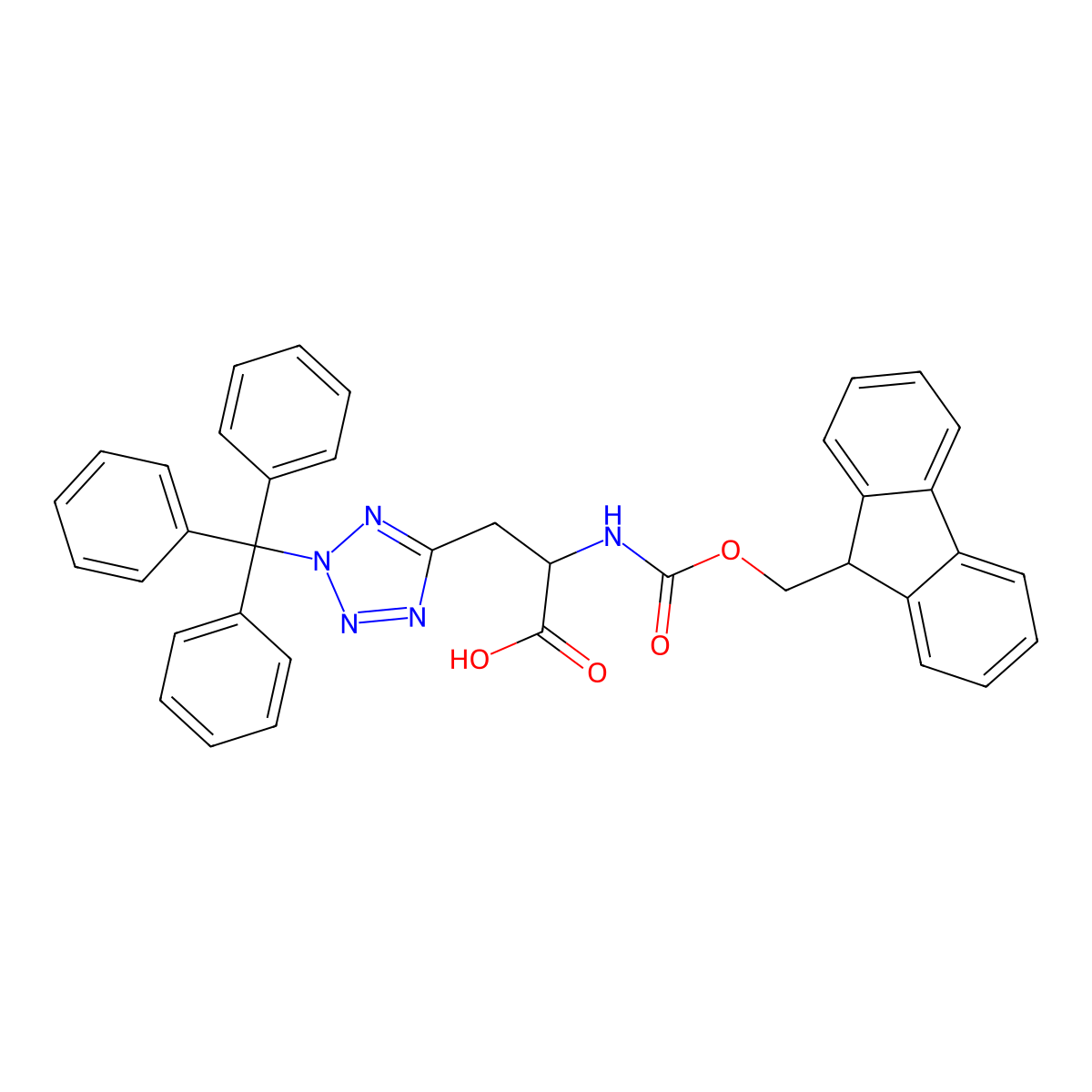 (S)-2-((((9H-Fluoren-9-yl)methoxy)carbonyl)amino)-3-(2-trityl-2H-tetrazol-5-yl)propanoic acid molecular structure, CAS 1446478-15-4