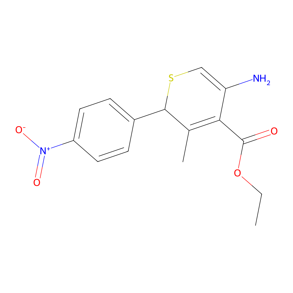 5-Amino-3-methyl-2-(4-nitro-phenyl)-2H-thiopyran-4-carboxylic acid ethyl ester molecular structure, CAS 1446487-82-6