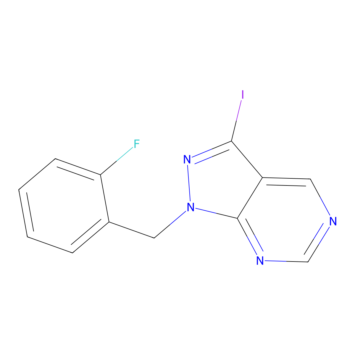 1-(2-Fluorobenzyl)-3-iodo-1H-pyrazolo[3,4-d]pyrimidine molecular structure, CAS 1446712-64-6
