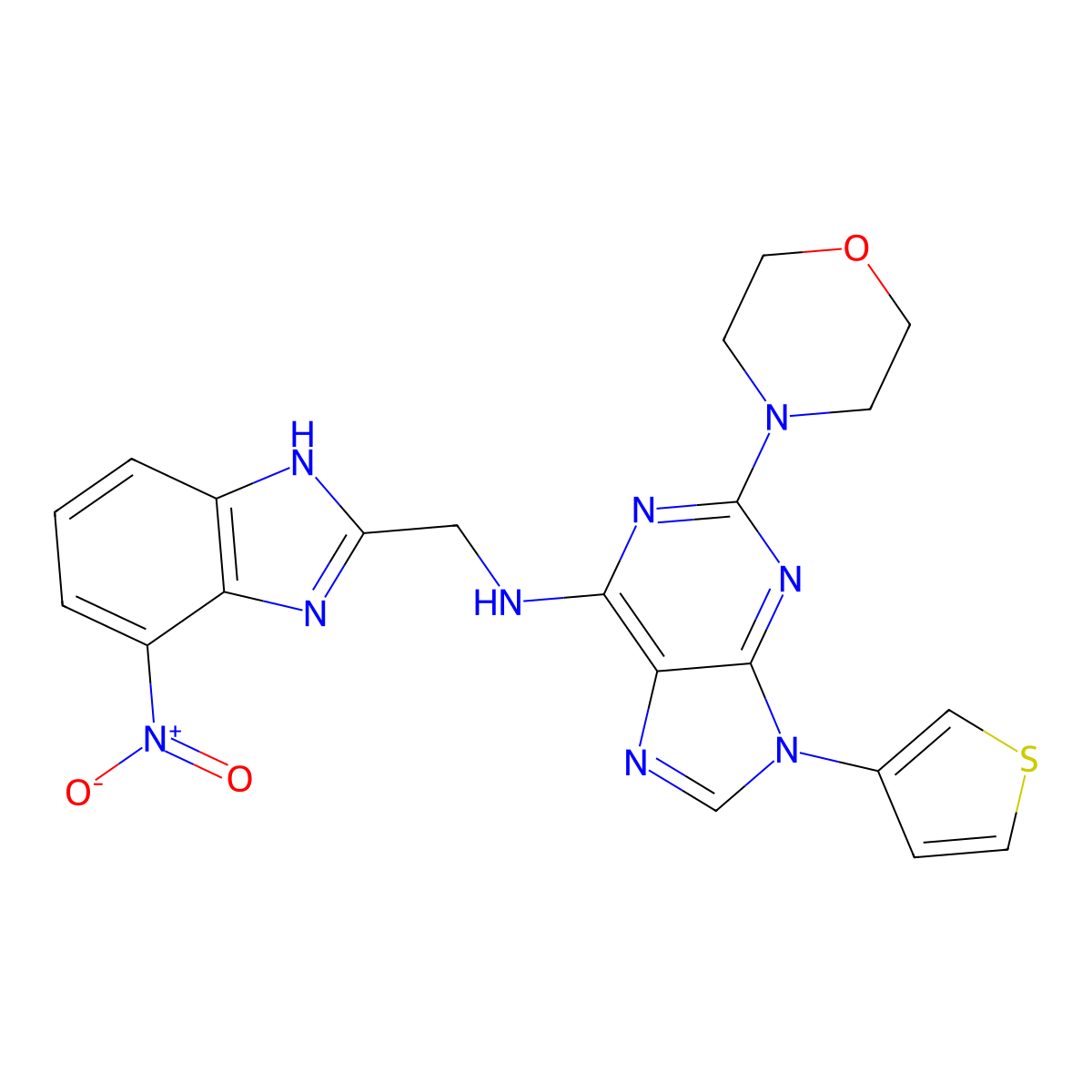 2-(4-morpholinyl)-N-[(4-nitro-1H-benzimidazol-2-yl)methyl]-9-(3-thiophenyl)-6-purinamine molecular structure, CAS 1446715-47-4
