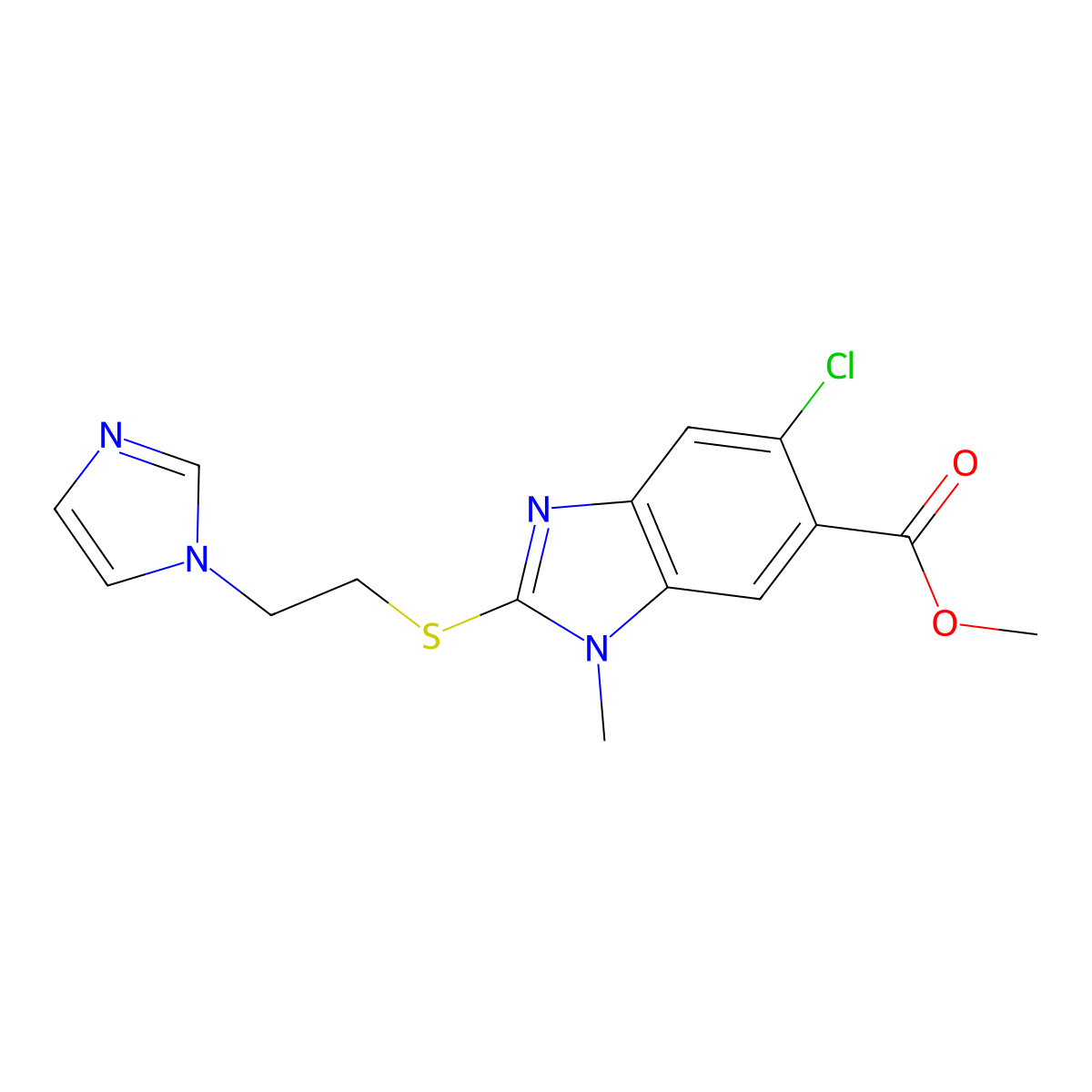 Methyl 2-((2-(1H-imidazol-1-yl)ethyl)thio)-5-chloro-1-methyl-1H-benzo[d]imidazole-6-carboxylate molecular structure, CAS 1446718-32-6