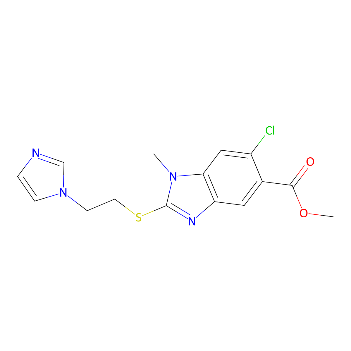 Methyl 2-((2-(1H-imidazol-1-yl)ethyl)thio)-6-chloro-1-methyl-1H-benzo[d]imidazole-5-carboxylate molecular structure, CAS 1446718-34-8