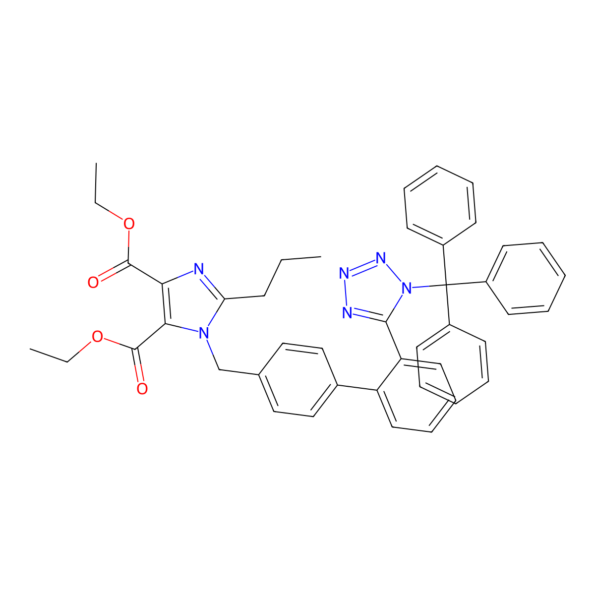 Diethyl 2-propyl-1-((2'-(1-trityl-1H-tetrazol-5-yl)-[1,1'-biphenyl]-4-yl)methyl)-1H-imidazole-4,5-dicarboxylate molecular structure, CAS 144690-53-9
