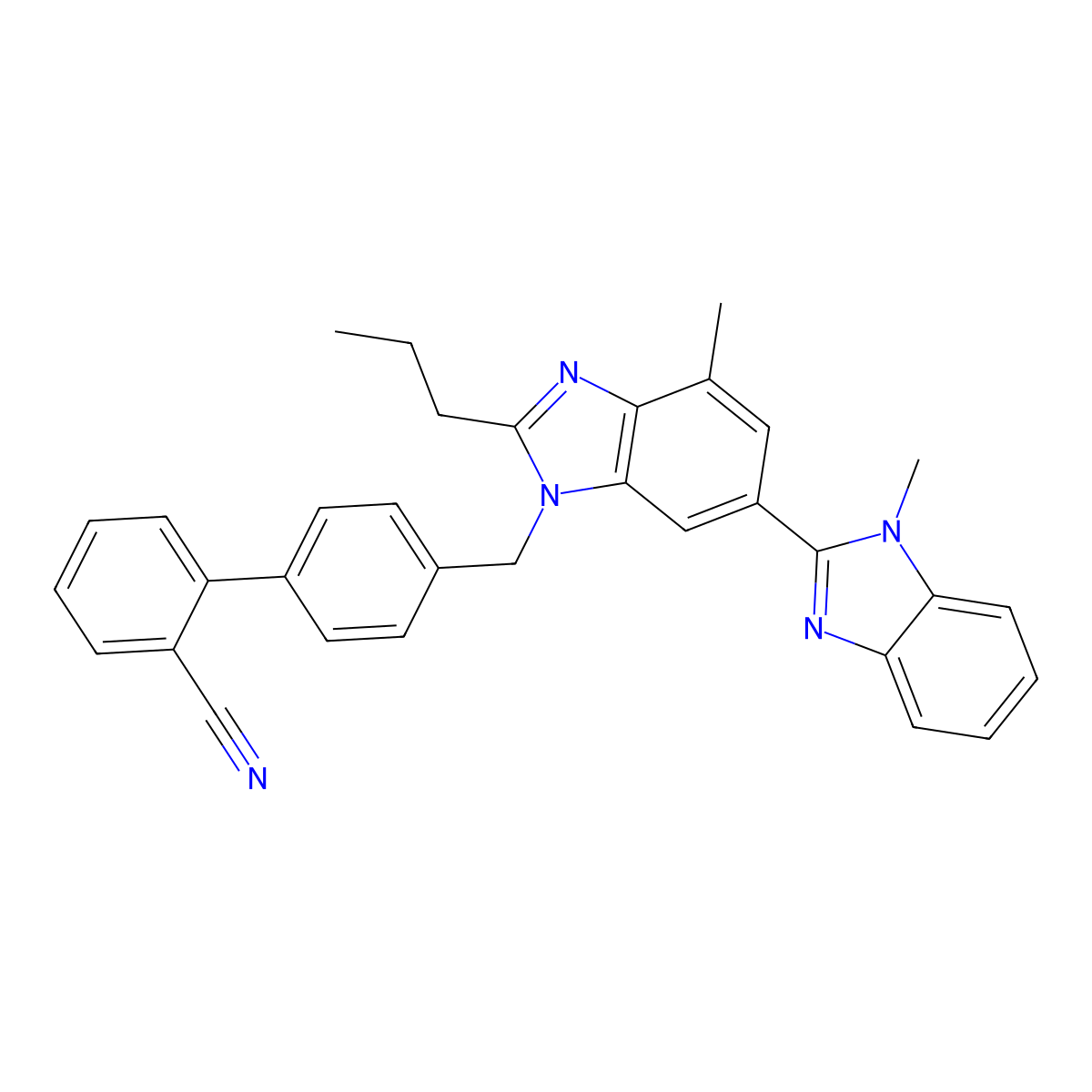 4'-((1,7'-Dimethyl-2'-propyl-1H,3'H-(2,5'-bibenzo(d)imidazol)-3'-yl)methyl)-(1,1'-biphenyl)-2-carbonitrile molecular structure, CAS 144702-27-2