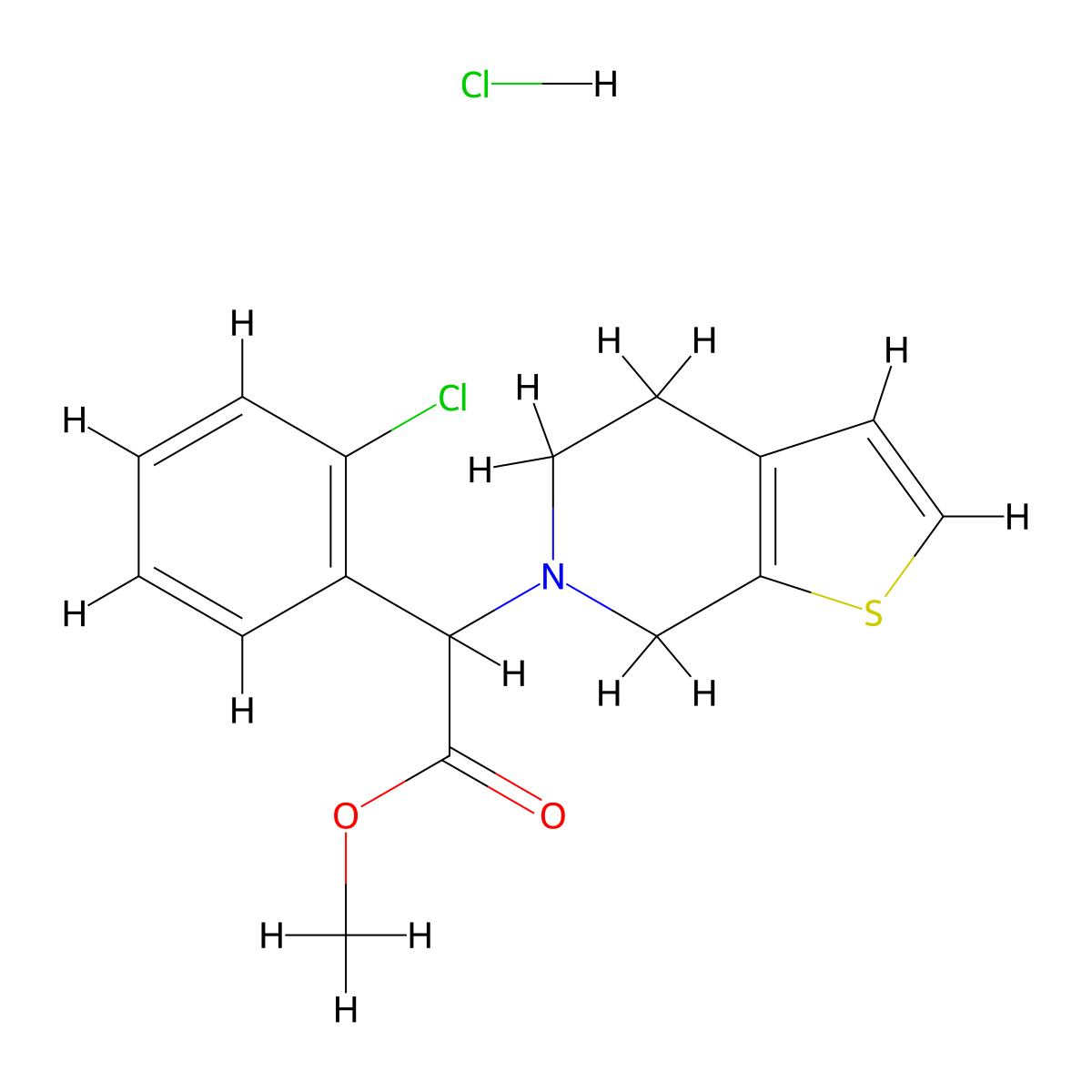 Methyl (2-chlorophenyl)(4,7-dihydrothieno(2,3-c)pyridin-6(5H)-yl)acetate--hydrogen chloride (1/1) molecular structure, CAS 144750-52-7