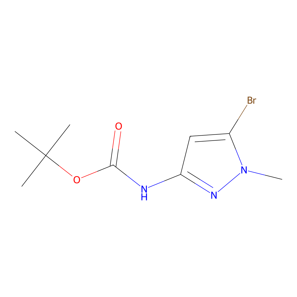 tert-butyl N-(5-bromo-1-methyl-1H-pyrazol-3-yl)carbamate molecular structure, CAS 1447607-89-7