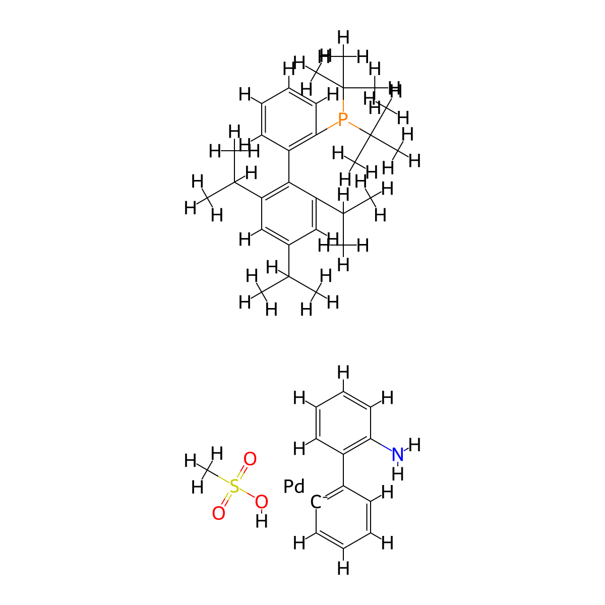 Methanesulfonato(2-di-t-butylphosphino-2',4',6'-tri-i-propyl-1,1'-biphenyl)(2'-amino-1,1'-biphenyl-2-yl)palladium(II) , t-BuXPhos Pd G3 molecular structure, CAS 1447963-75-8
