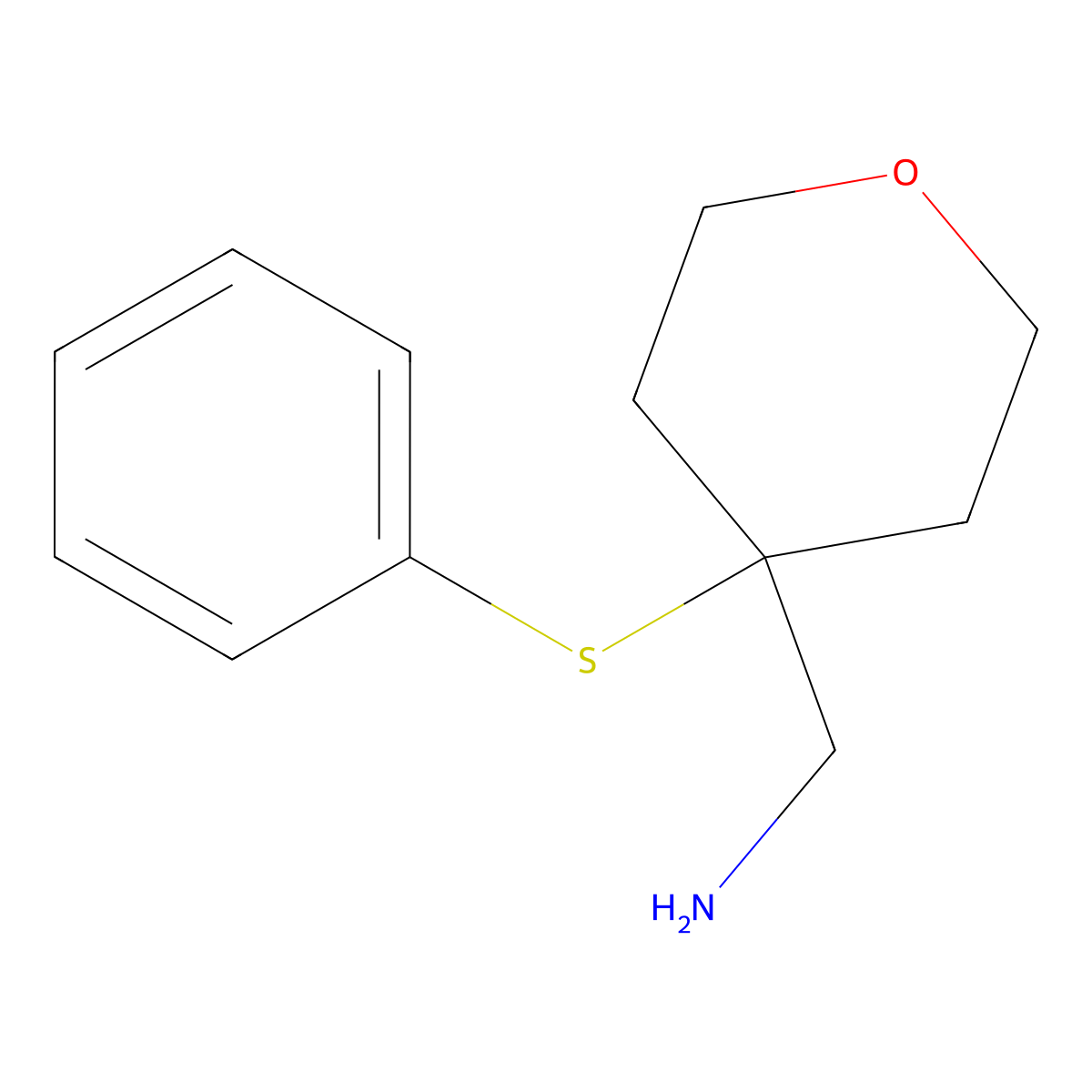 {[4-(phenylthio)tetrahydro-2H-pyran-4-yl]methyl}amine molecular structure, CAS 1447964-77-3