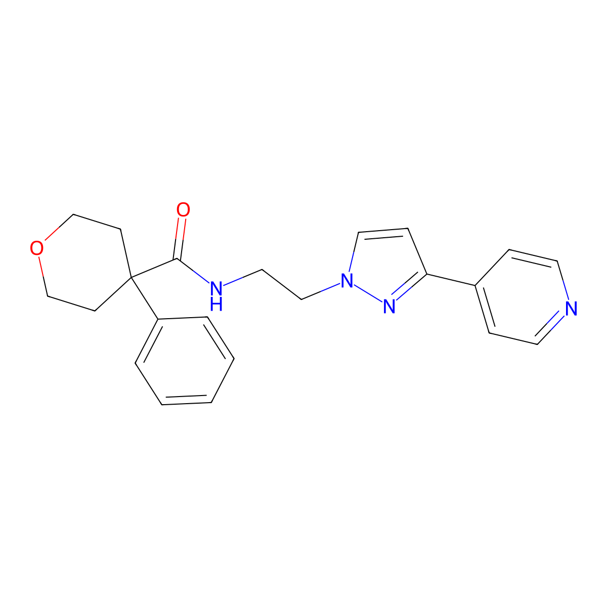 4-phenyl-N-(2-(3-(pyridin-4-yl)-1H-pyrazol-1-yl)ethyl)tetrahydro-2H-pyran-4-carboxamide molecular structure, CAS 1448026-58-1