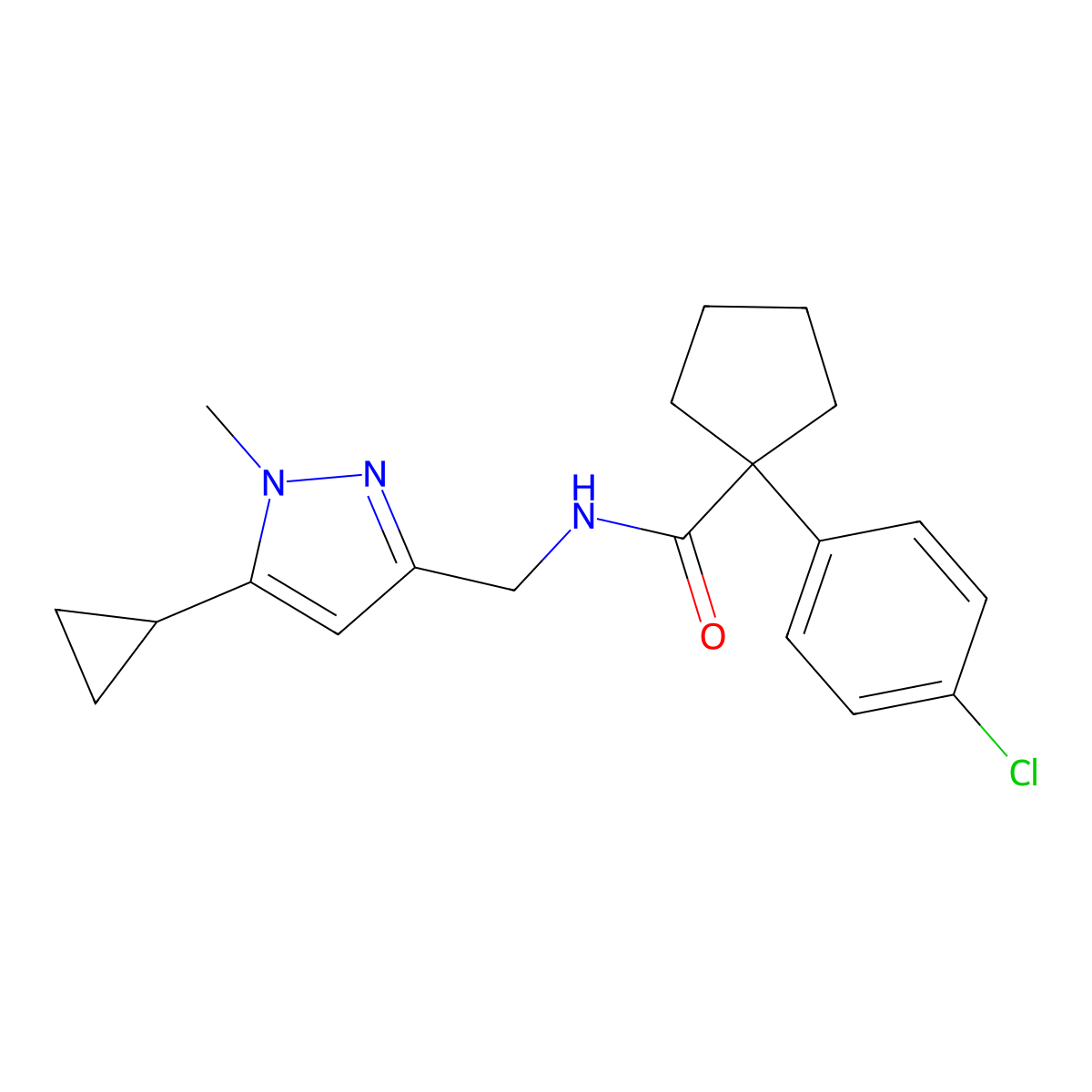 1-(4-chlorophenyl)-N-((5-cyclopropyl-1-methyl-1H-pyrazol-3-yl)methyl)cyclopentanecarboxamide molecular structure, CAS 1448026-68-3