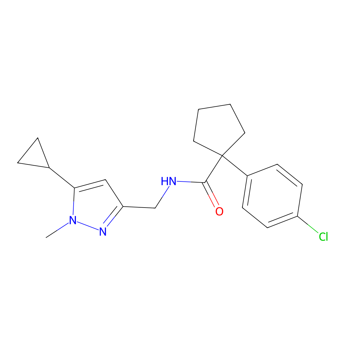 1-(4-chlorophenyl)-N-((5-cyclopropyl-1-methyl-1H-pyrazol-3-yl)methyl)cyclopentanecarboxamide molecular structure, CAS 1448026-68-3