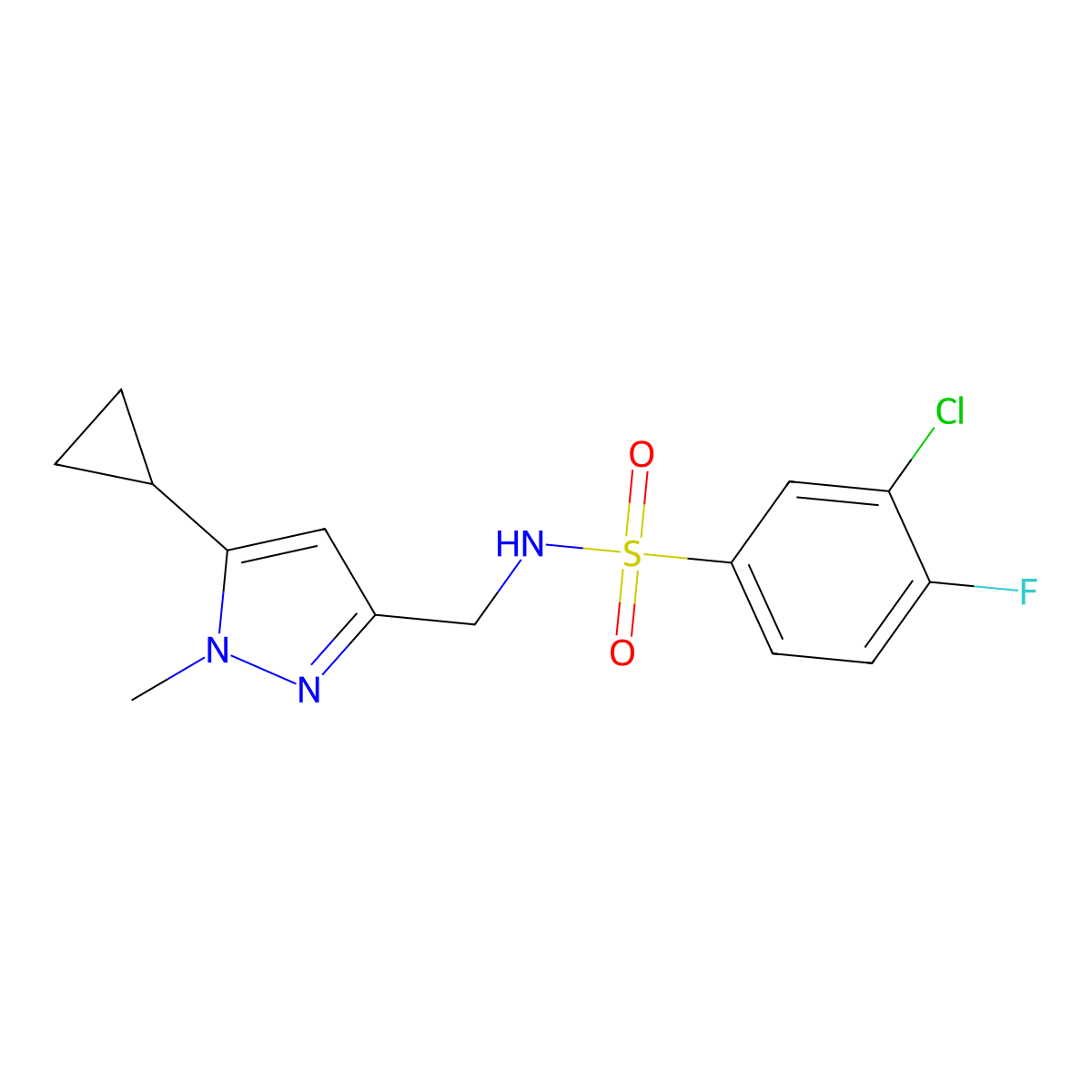 3-chloro-N-((5-cyclopropyl-1-methyl-1H-pyrazol-3-yl)methyl)-4-fluorobenzenesulfonamide molecular structure, CAS 1448026-74-1