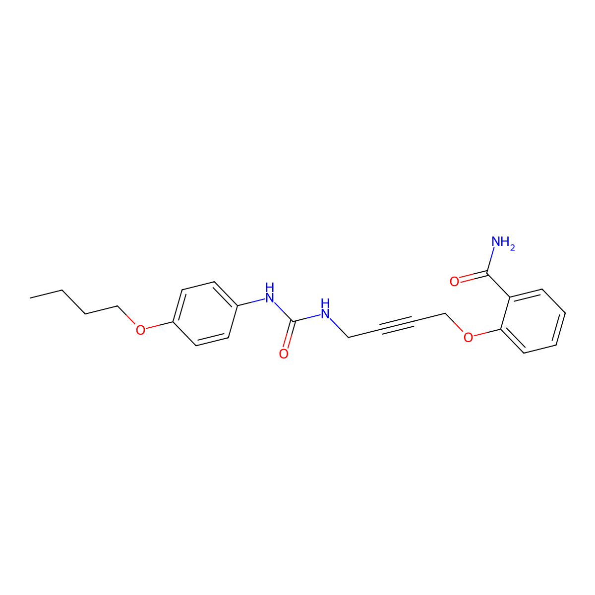 2-((4-(3-(4-Butoxyphenyl)ureido)but-2-yn-1-yl)oxy)benzamide molecular structure, CAS 1448026-75-2