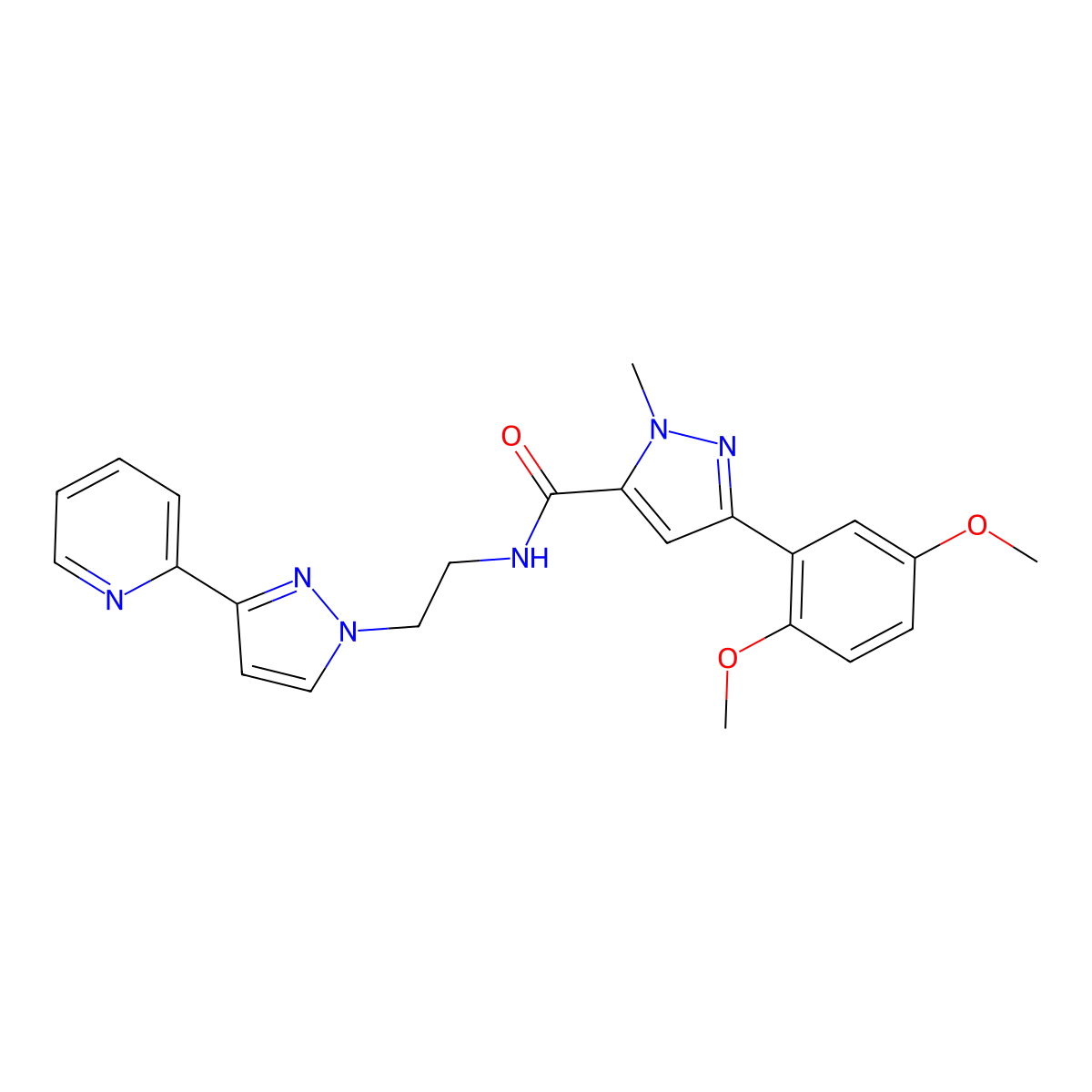 3-(2,5-dimethoxyphenyl)-1-methyl-N-(2-(3-(pyridin-2-yl)-1H-pyrazol-1-yl)ethyl)-1H-pyrazole-5-carboxamide molecular structure, CAS 1448026-80-9