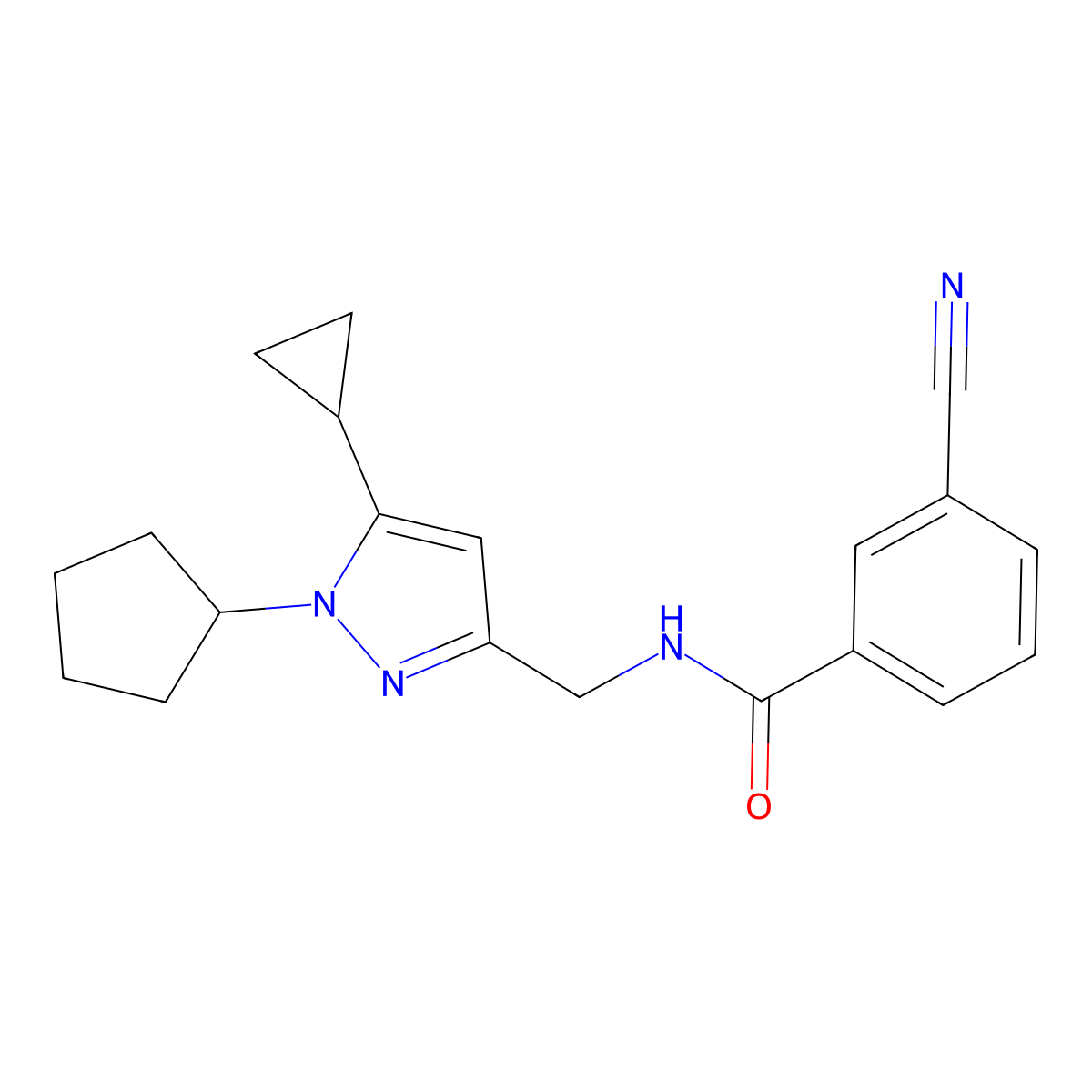 3-cyano-N-((1-cyclopentyl-5-cyclopropyl-1H-pyrazol-3-yl)methyl)benzamide molecular structure, CAS 1448026-84-3