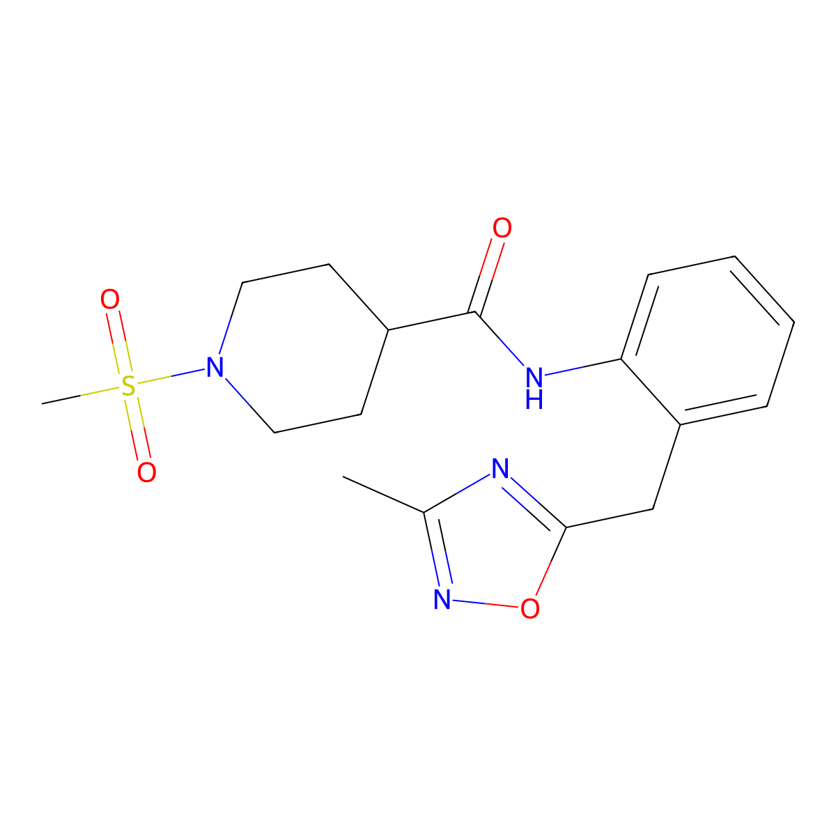 N-(2-((3-methyl-1,2,4-oxadiazol-5-yl)methyl)phenyl)-1-(methylsulfonyl)piperidine-4-carboxamide molecular structure, CAS 1448026-93-4