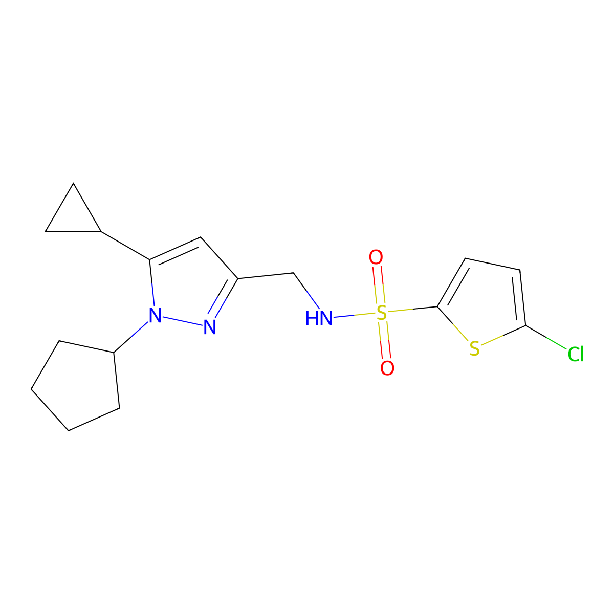 5-chloro-N-((1-cyclopentyl-5-cyclopropyl-1H-pyrazol-3-yl)methyl)thiophene-2-sulfonamide molecular structure, CAS 1448026-96-7