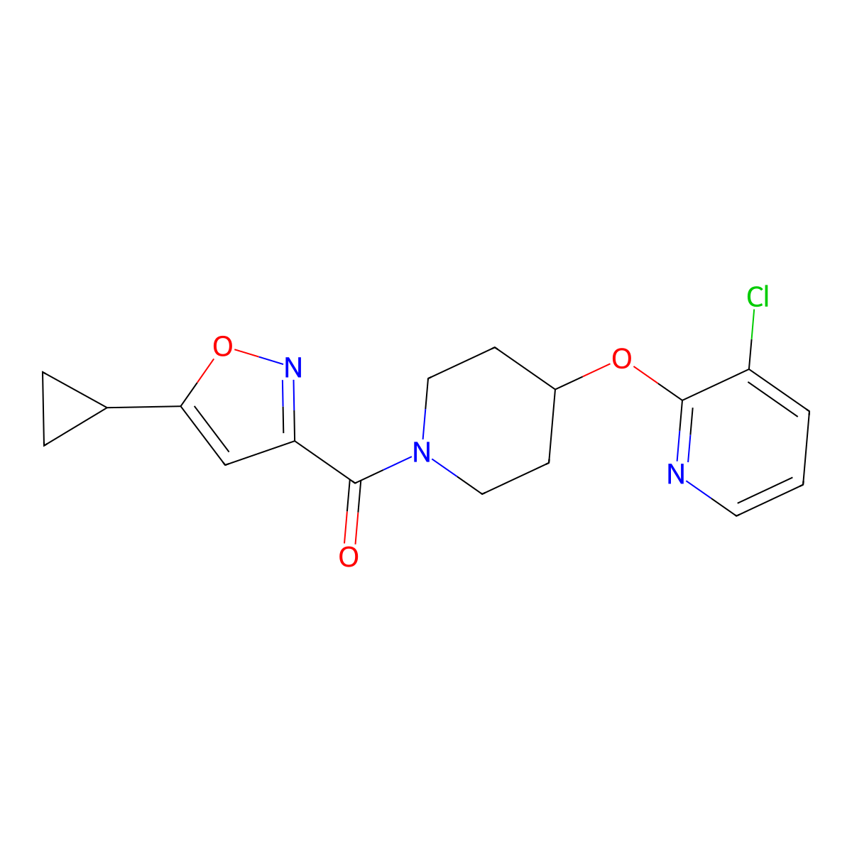 (4-((3-Chloropyridin-2-yl)oxy)piperidin-1-yl)(5-cyclopropylisoxazol-3-yl)methanone molecular structure, CAS 1448027-02-8