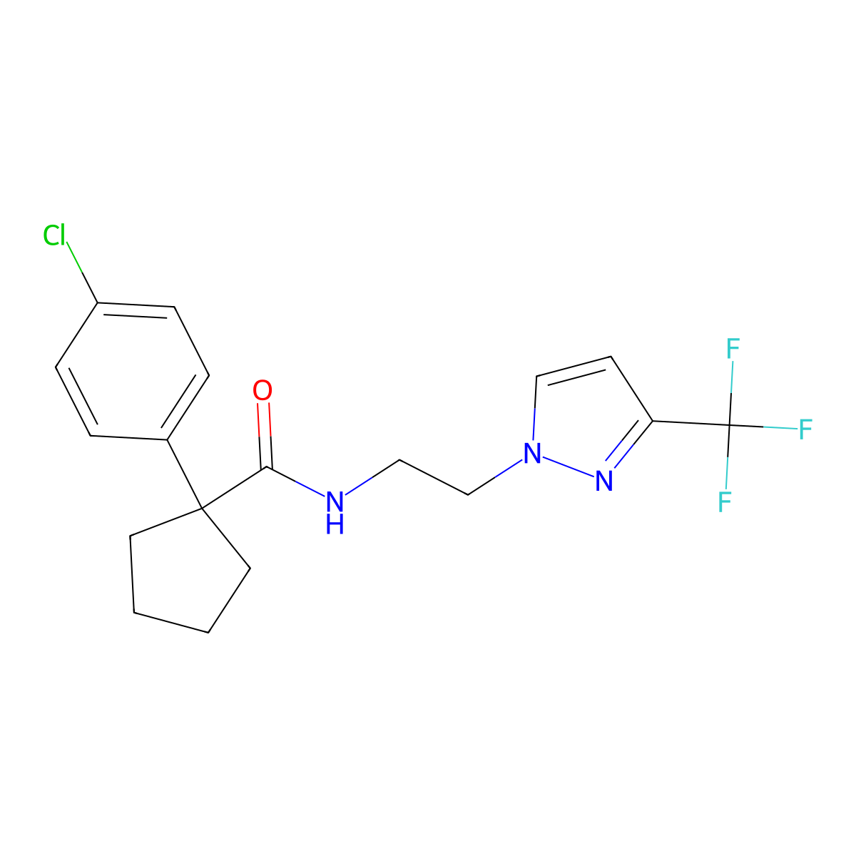 1-(4-chlorophenyl)-N-(2-(3-(trifluoromethyl)-1H-pyrazol-1-yl)ethyl)cyclopentanecarboxamide molecular structure, CAS 1448027-08-4