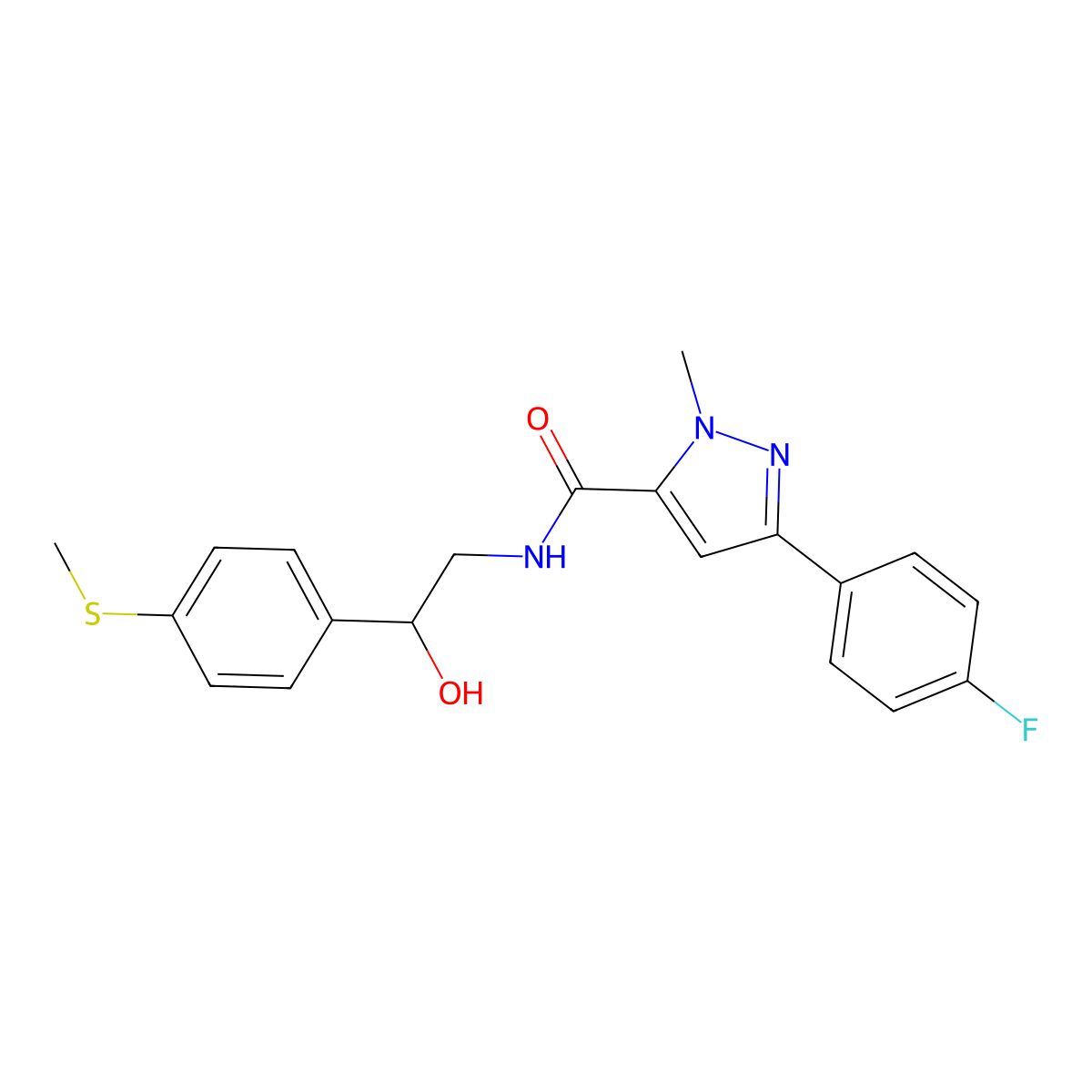 3-(4-fluorophenyl)-N-(2-hydroxy-2-(4-(methylthio)phenyl)ethyl)-1-methyl-1H-pyrazole-5-carboxamide molecular structure, CAS 1448027-12-0