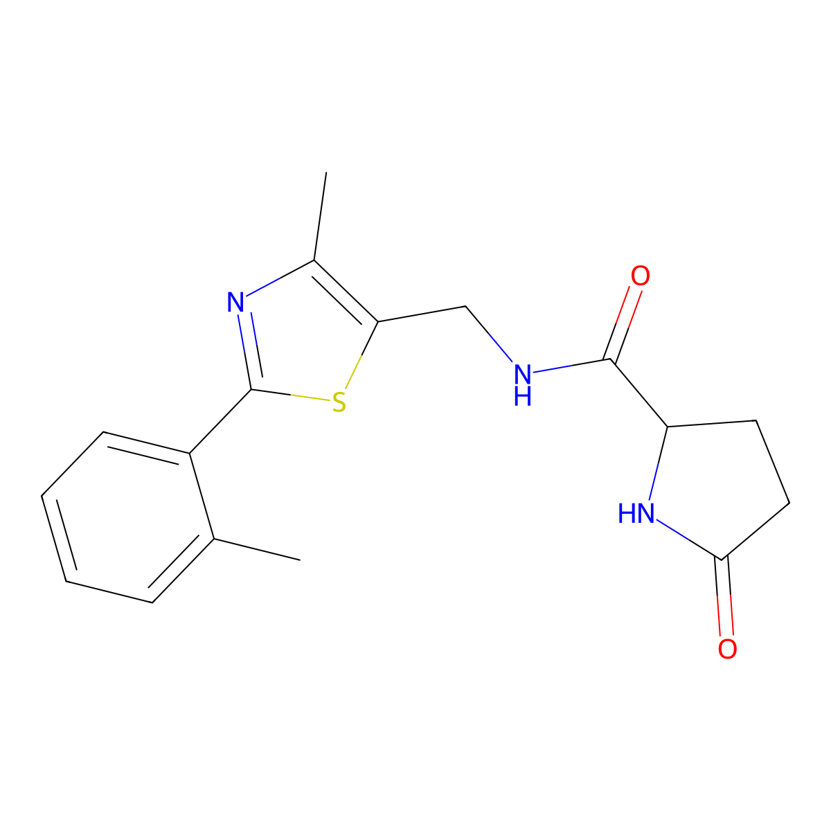 N-((4-methyl-2-(o-tolyl)thiazol-5-yl)methyl)-5-oxopyrrolidine-2-carboxamide molecular structure, CAS 1448027-14-2