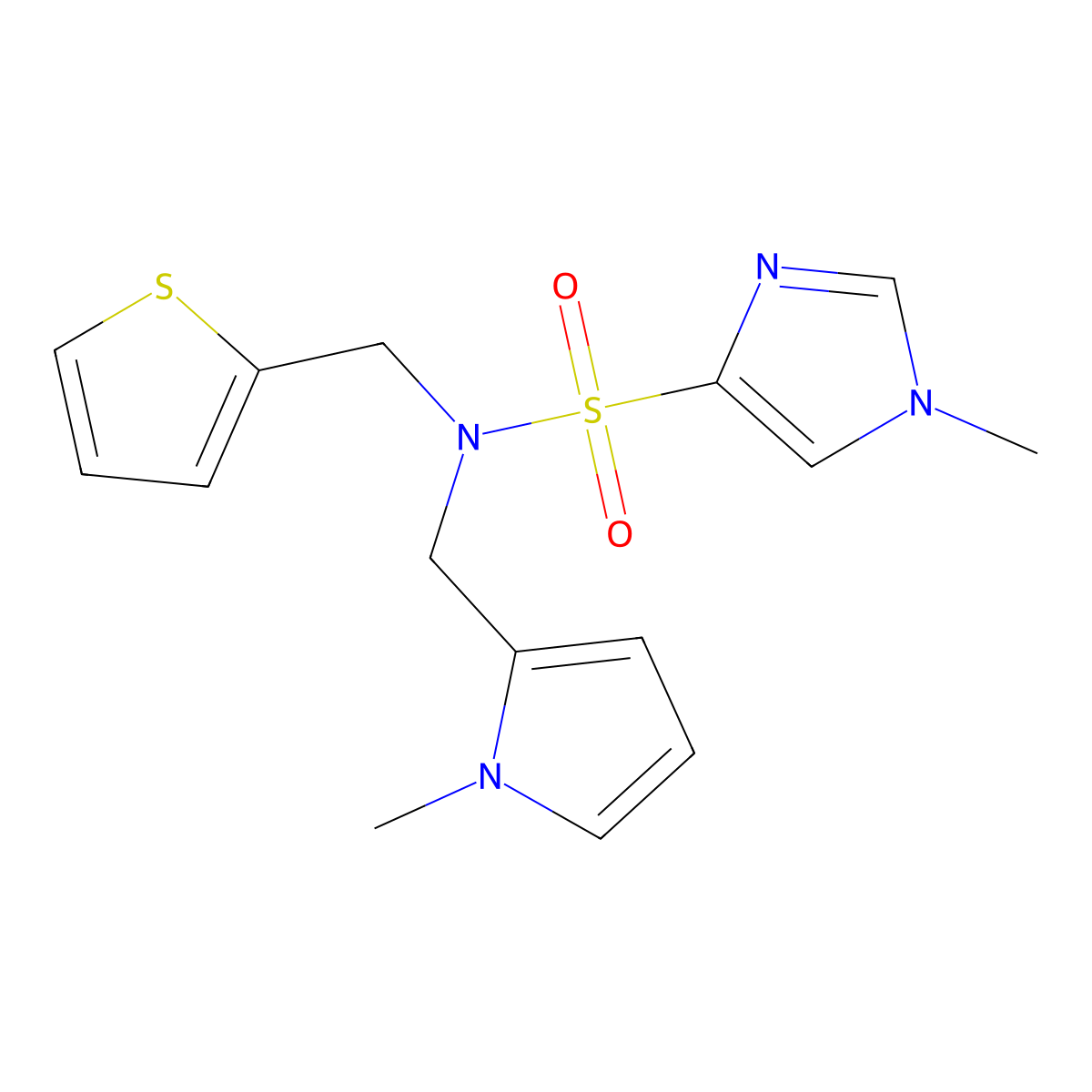 1-methyl-N-((1-methyl-1H-pyrrol-2-yl)methyl)-N-(thiophen-2-ylmethyl)-1H-imidazole-4-sulfonamide molecular structure, CAS 1448027-16-4