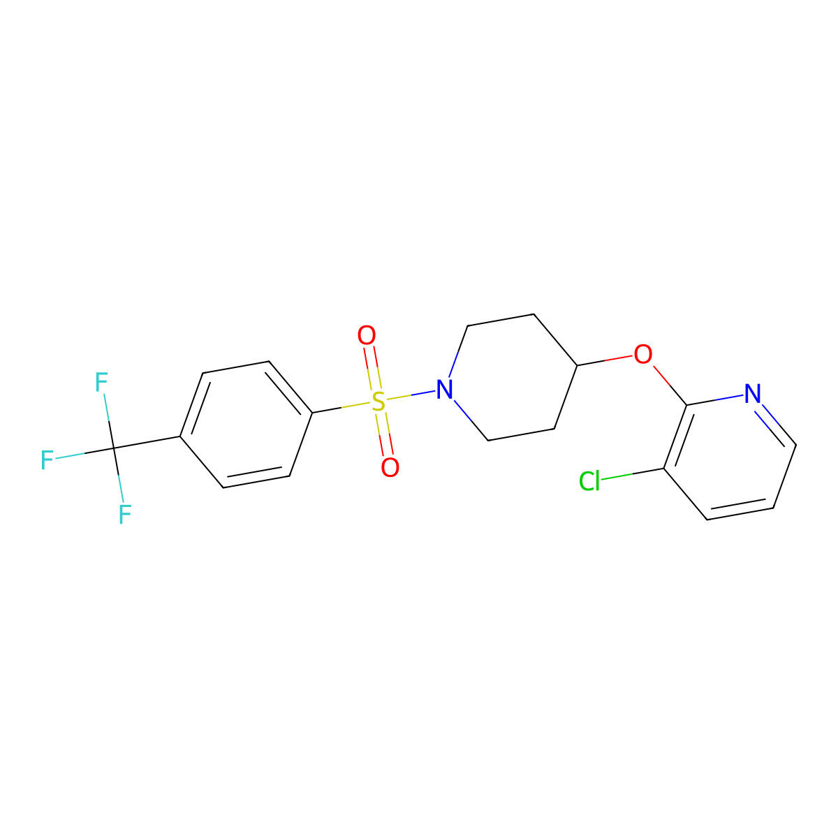 3-Chloro-2-((1-((4-(trifluoromethyl)phenyl)sulfonyl)piperidin-4-yl)oxy)pyridine molecular structure, CAS 1448027-17-5