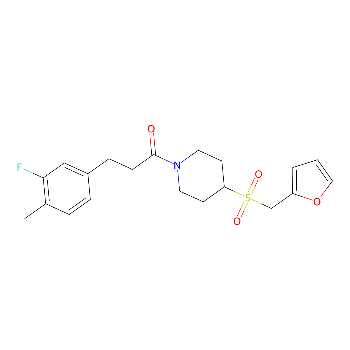 3-(3-Fluoro-4-methylphenyl)-1-(4-((furan-2-ylmethyl)sulfonyl)piperidin-1-yl)propan-1-one molecular structure, CAS 1448027-27-7
