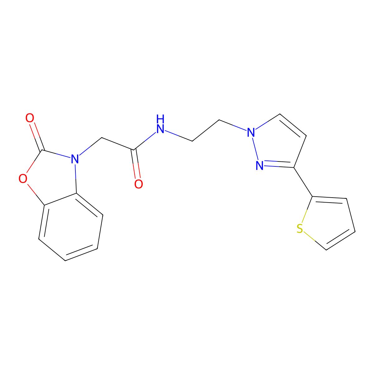 2-(2-oxobenzo[d]oxazol-3(2H)-yl)-N-(2-(3-(thiophen-2-yl)-1H-pyrazol-1-yl)ethyl)acetamide molecular structure, CAS 1448027-37-9