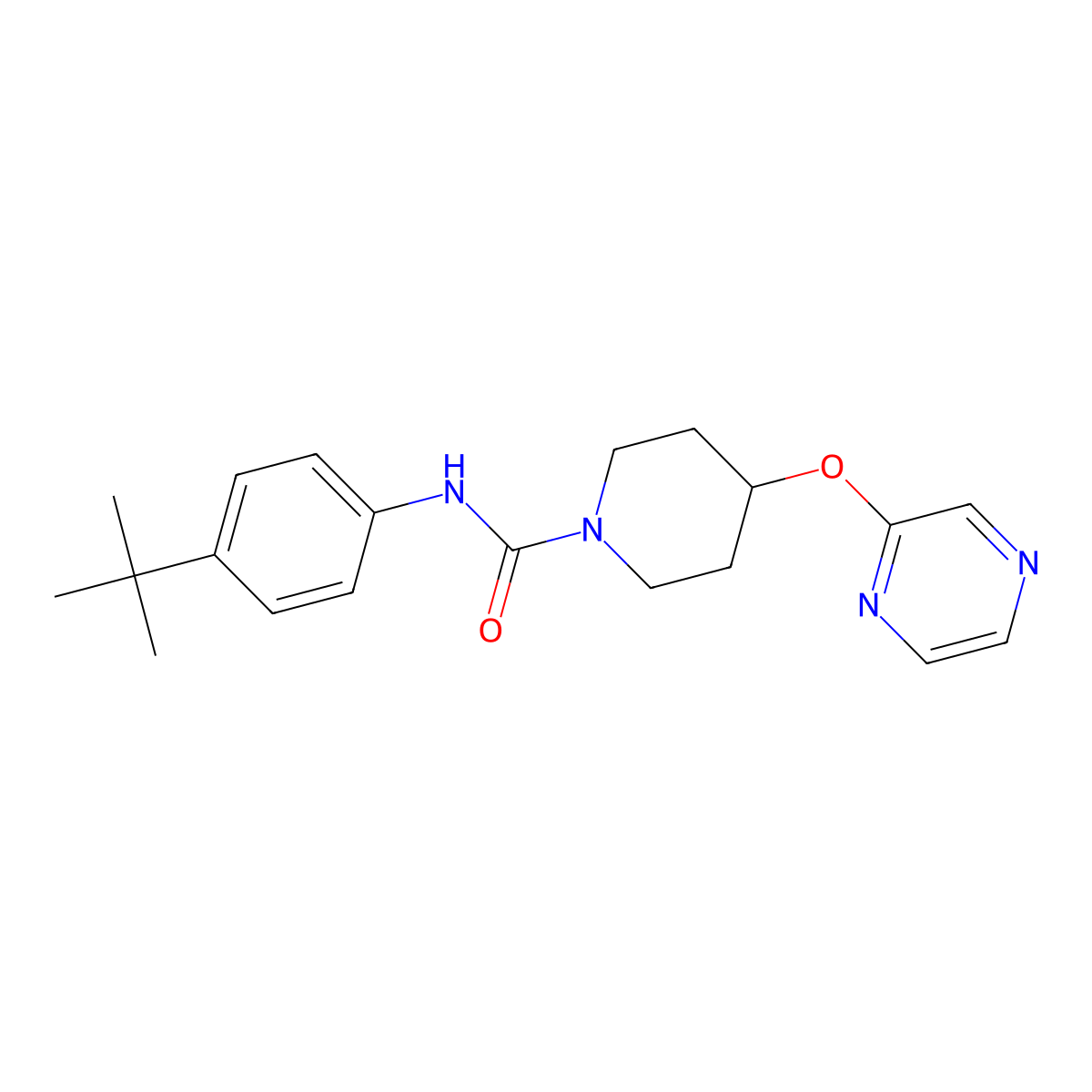 N-(4-(tert-butyl)phenyl)-4-(pyrazin-2-yloxy)piperidine-1-carboxamide molecular structure, CAS 1448027-40-4