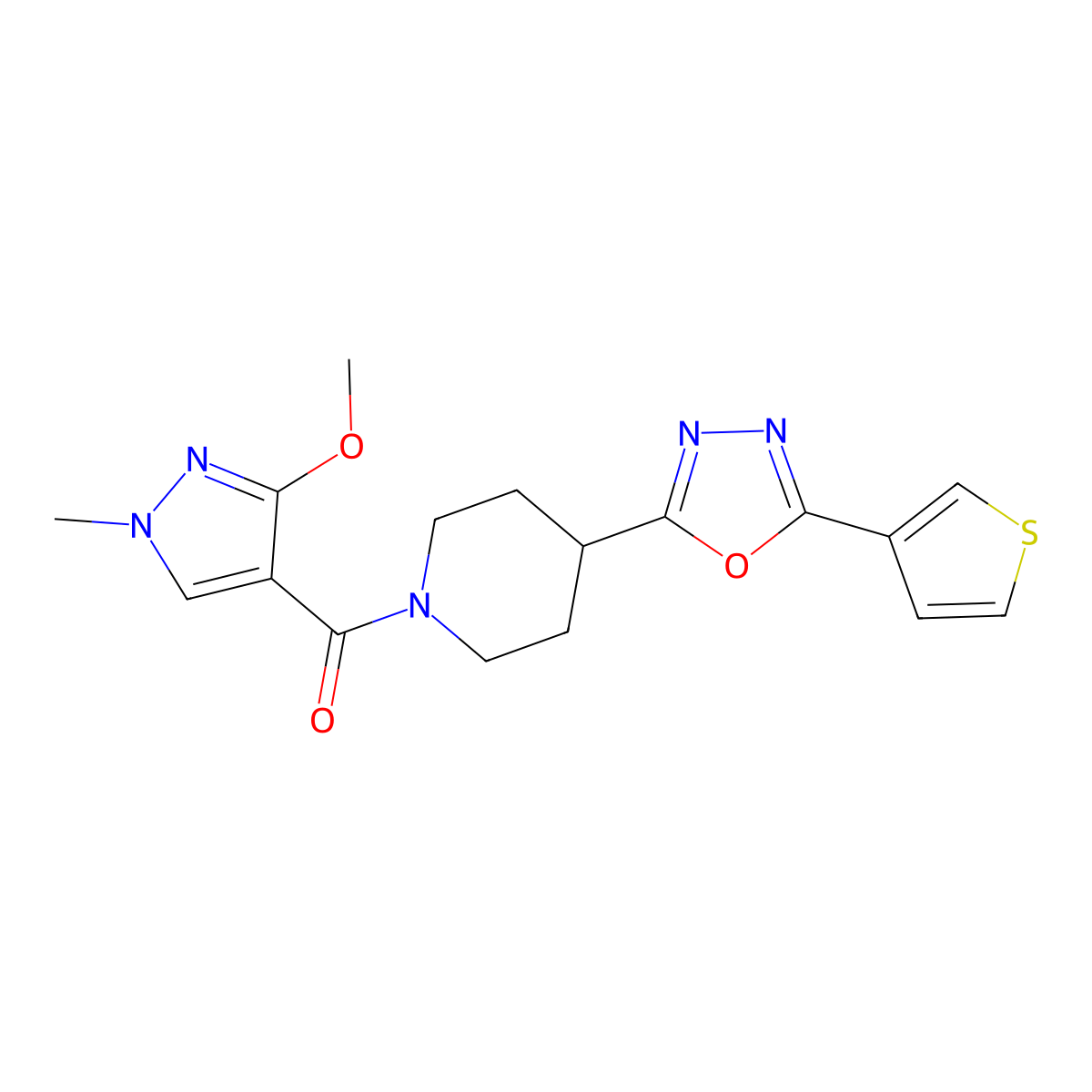 (3-methoxy-1-methyl-1H-pyrazol-4-yl)(4-(5-(thiophen-3-yl)-1,3,4-oxadiazol-2-yl)piperidin-1-yl)methanone molecular structure, CAS 1448027-47-1