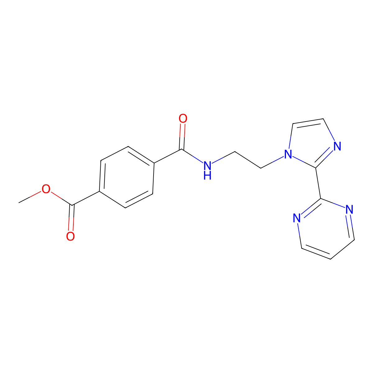 methyl 4-((2-(2-(pyrimidin-2-yl)-1H-imidazol-1-yl)ethyl)carbamoyl)benzoate molecular structure, CAS 1448027-52-8