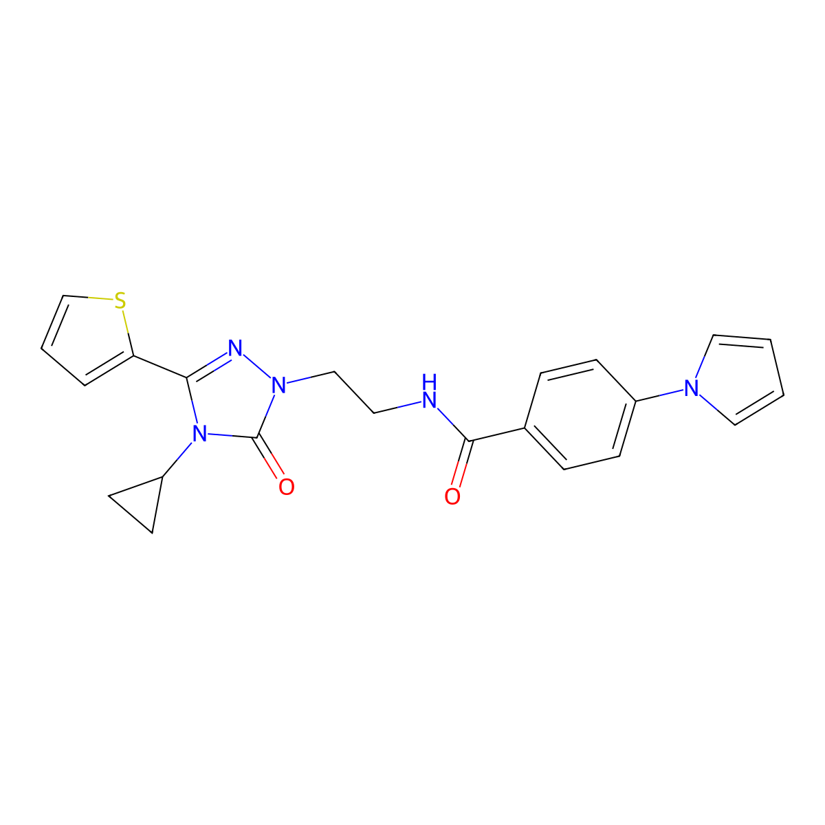 N-(2-(4-cyclopropyl-5-oxo-3-(thiophen-2-yl)-4,5-dihydro-1H-1,2,4-triazol-1-yl)ethyl)-4-(1H-pyrrol-1-yl)benzamide molecular structure, CAS 1448027-75-5