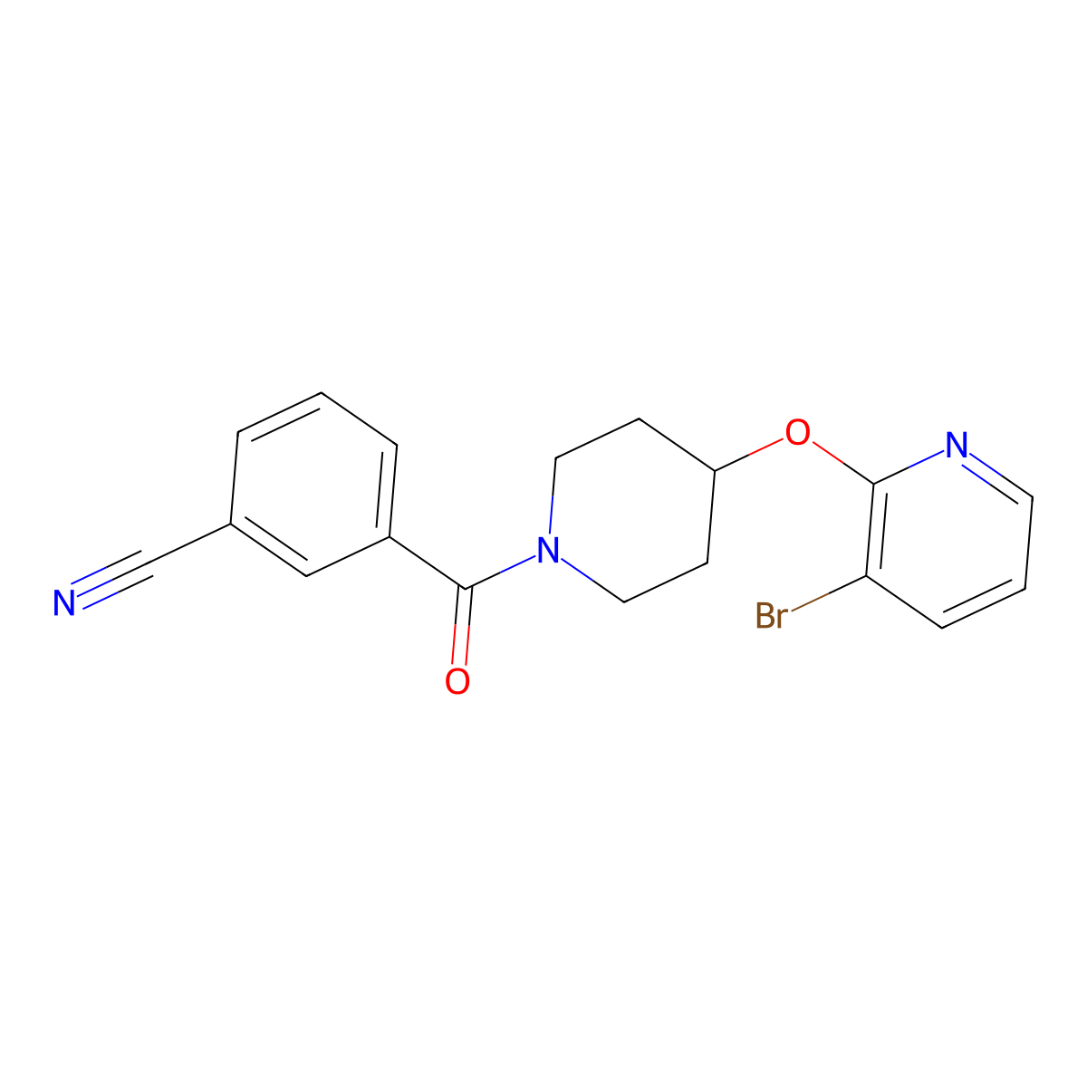 3-(4-((3-Bromopyridin-2-yl)oxy)piperidine-1-carbonyl)benzonitrile molecular structure, CAS 1448027-80-2