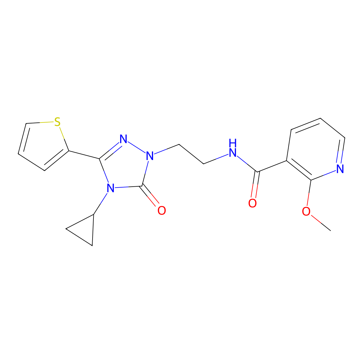 N-(2-(4-cyclopropyl-5-oxo-3-(thiophen-2-yl)-4,5-dihydro-1H-1,2,4-triazol-1-yl)ethyl)-2-methoxynicotinamide molecular structure, CAS 1448027-86-8