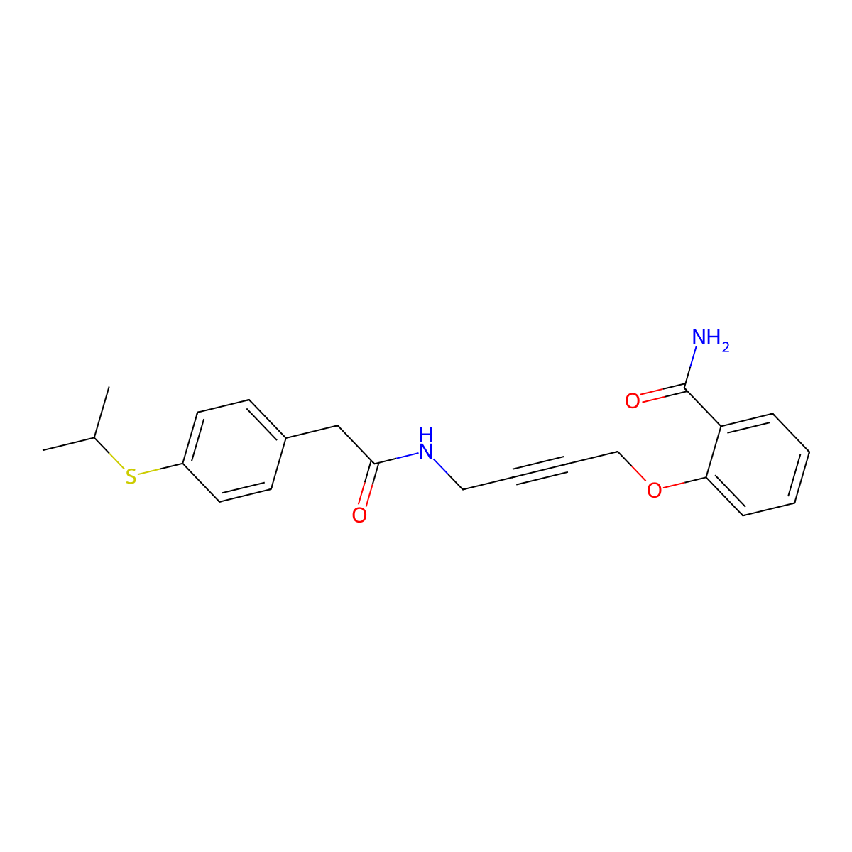 2-((4-(2-(4-(Isopropylthio)phenyl)acetamido)but-2-yn-1-yl)oxy)benzamide molecular structure, CAS 1448027-92-6