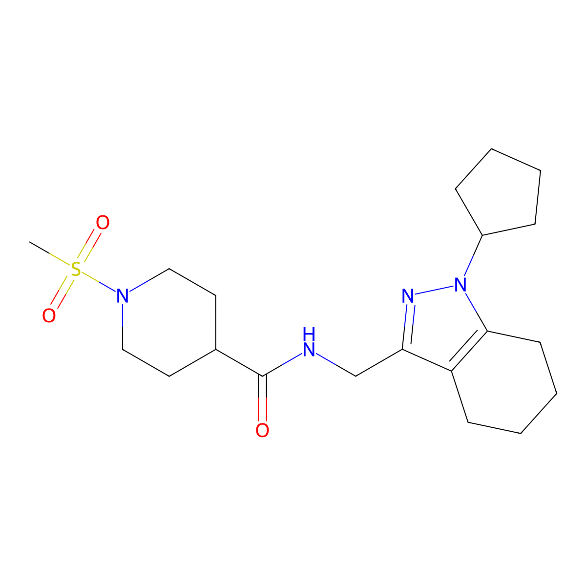 N-((1-cyclopentyl-4,5,6,7-tetrahydro-1H-indazol-3-yl)methyl)-1-(methylsulfonyl)piperidine-4-carboxamide molecular structure, CAS 1448027-95-9