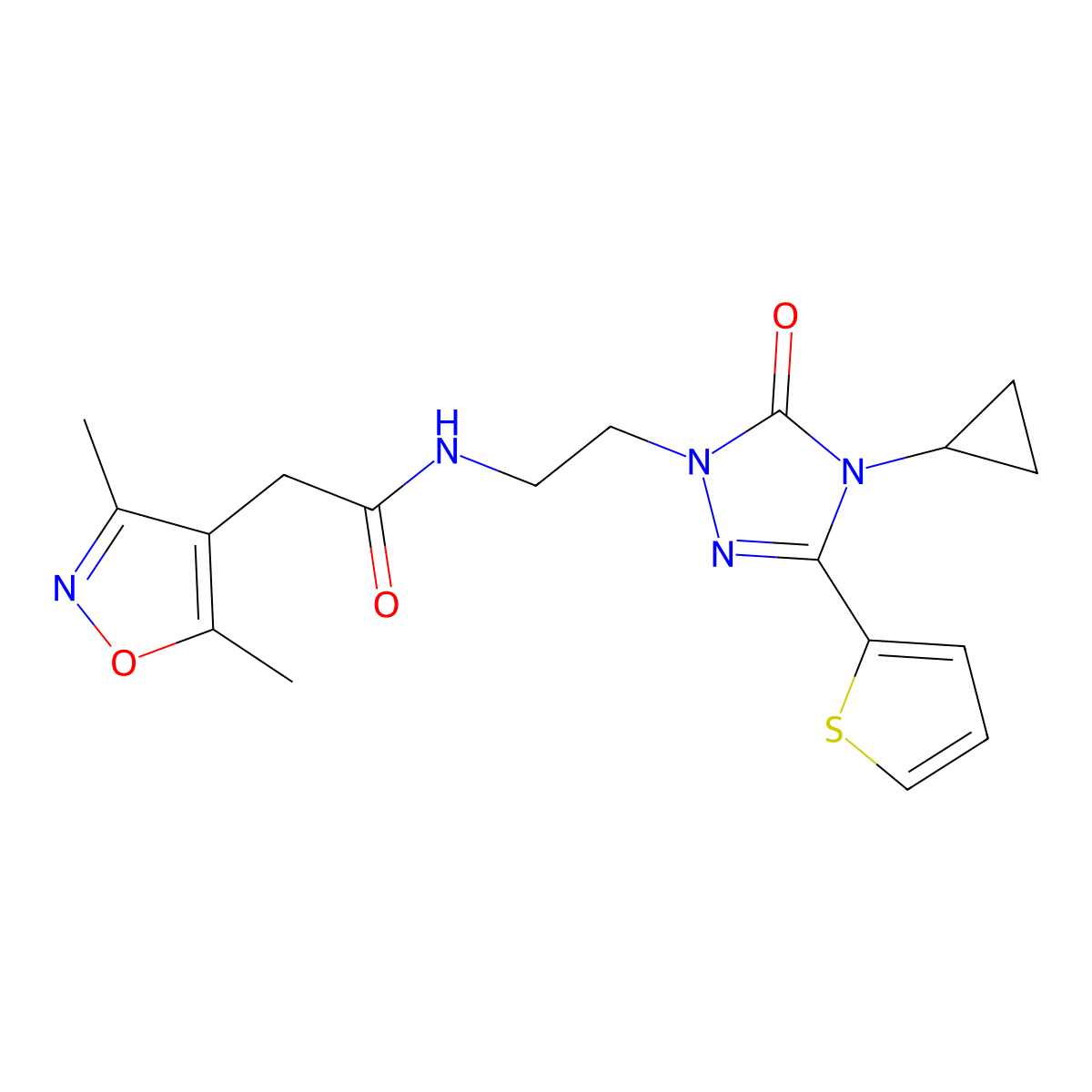 N-(2-(4-cyclopropyl-5-oxo-3-(thiophen-2-yl)-4,5-dihydro-1H-1,2,4-triazol-1-yl)ethyl)-2-(3,5-dimethylisoxazol-4-yl)acetamide molecular structure, CAS 1448027-96-0