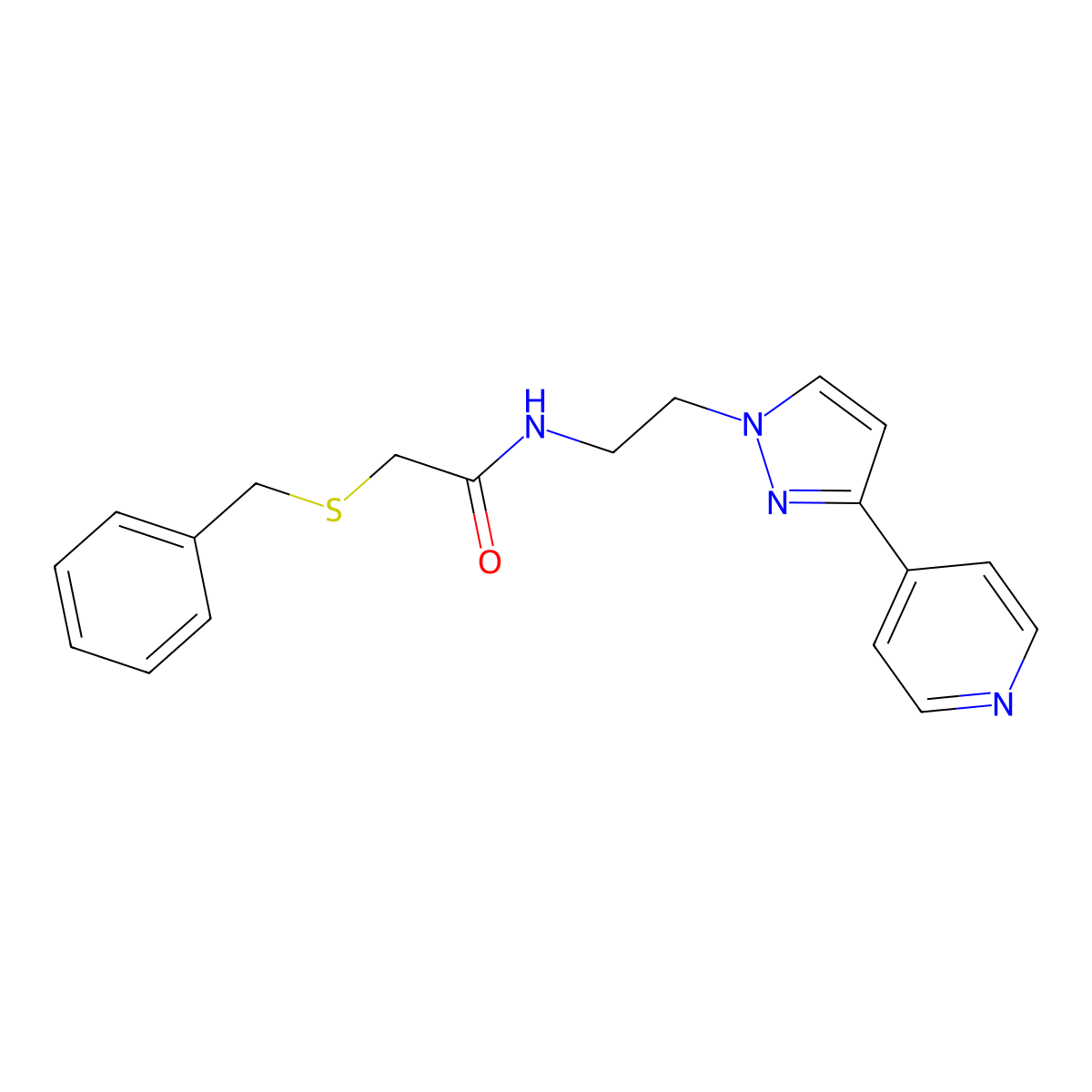 2-(benzylthio)-N-(2-(3-(pyridin-4-yl)-1H-pyrazol-1-yl)ethyl)acetamide molecular structure, CAS 1448028-02-1
