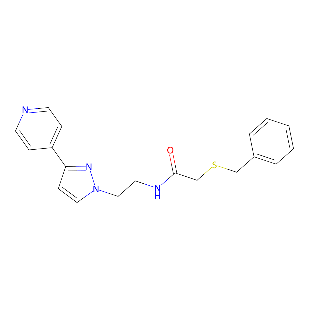 2-(benzylthio)-N-(2-(3-(pyridin-4-yl)-1H-pyrazol-1-yl)ethyl)acetamide molecular structure, CAS 1448028-02-1