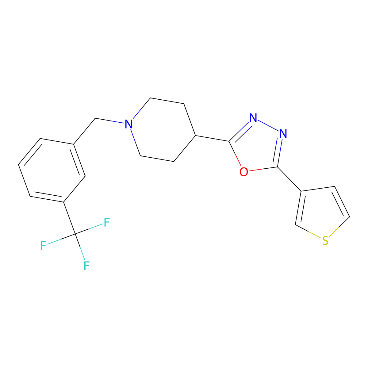 2-(Thiophen-3-yl)-5-(1-(3-(trifluoromethyl)benzyl)piperidin-4-yl)-1,3,4-oxadiazole molecular structure, CAS 1448028-06-5