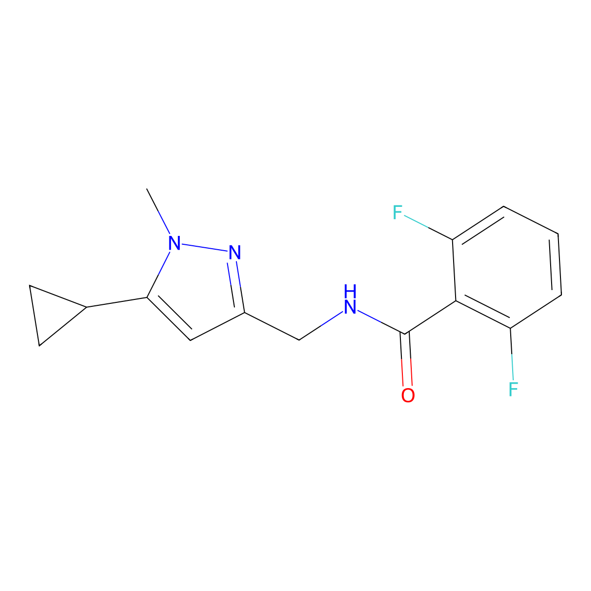 N-((5-cyclopropyl-1-methyl-1H-pyrazol-3-yl)methyl)-2,6-difluorobenzamide molecular structure, CAS 1448028-10-1