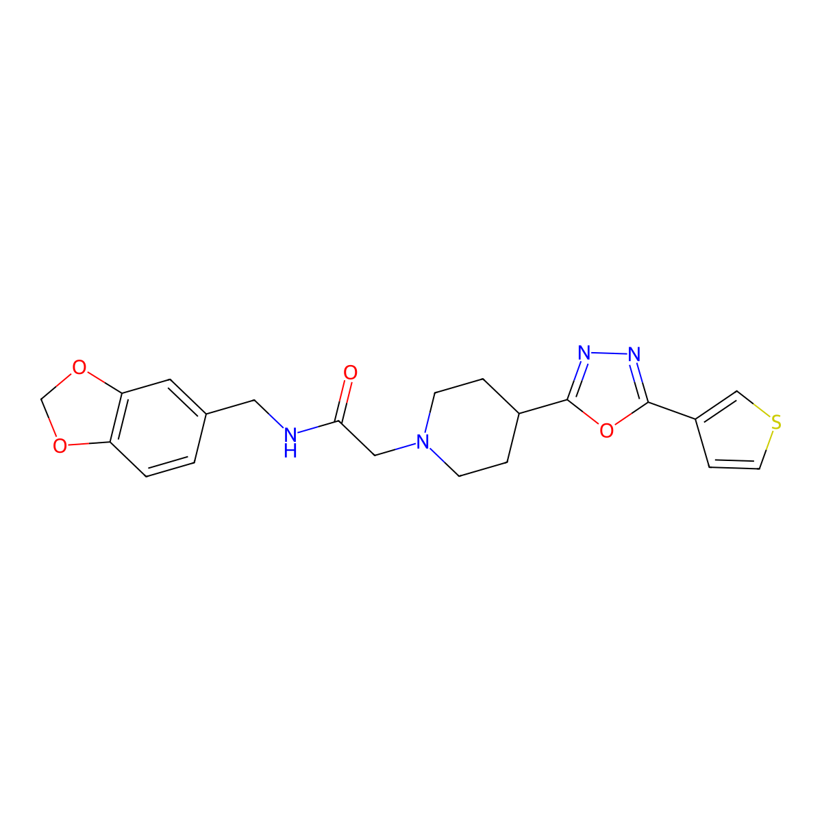 N-(benzo[d][1,3]dioxol-5-ylmethyl)-2-(4-(5-(thiophen-3-yl)-1,3,4-oxadiazol-2-yl)piperidin-1-yl)acetamide molecular structure, CAS 1448028-16-7