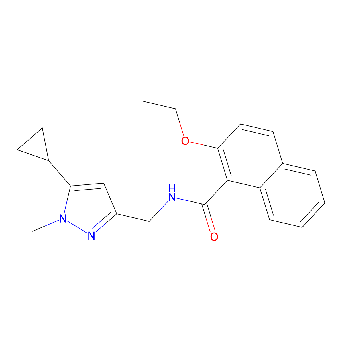 N-((5-cyclopropyl-1-methyl-1H-pyrazol-3-yl)methyl)-2-ethoxy-1-naphthamide molecular structure, CAS 1448028-20-3
