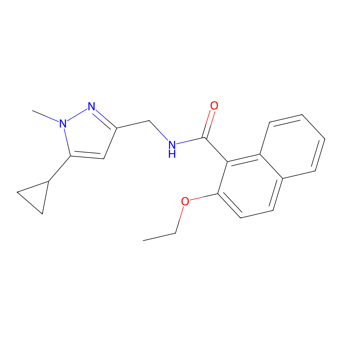 N-((5-cyclopropyl-1-methyl-1H-pyrazol-3-yl)methyl)-2-ethoxy-1-naphthamide molecular structure, CAS 1448028-20-3