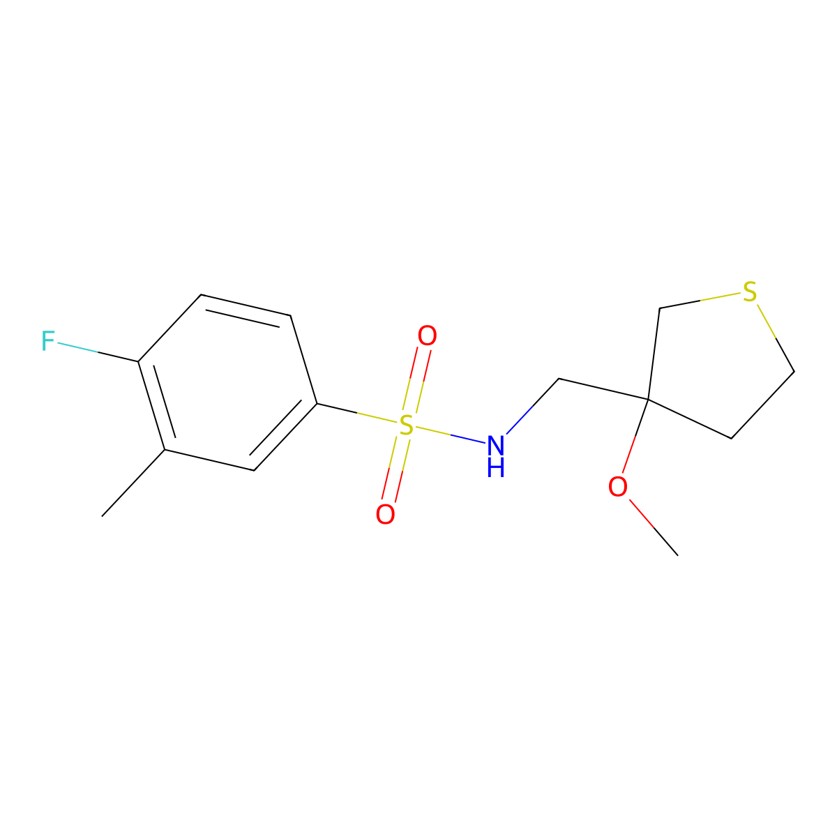 4-fluoro-N-((3-methoxytetrahydrothiophen-3-yl)methyl)-3-methylbenzenesulfonamide molecular structure, CAS 1448028-21-4