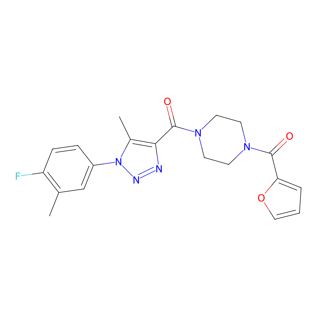 (1-(4-fluoro-3-methylphenyl)-5-methyl-1H-1,2,3-triazol-4-yl)(4-(furan-2-carbonyl)piperazin-1-yl)methanone molecular structure, CAS 1448028-26-9